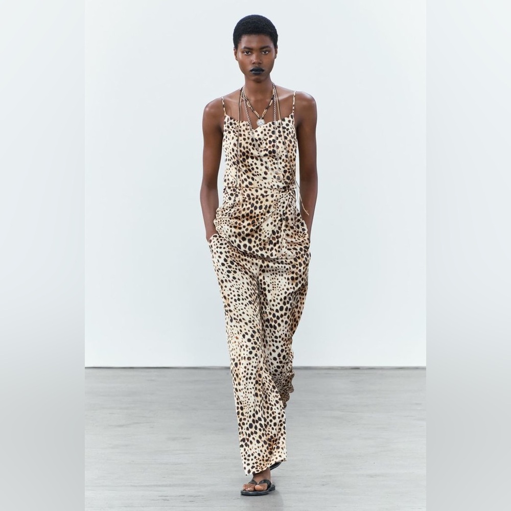 ZARA LEOPARD PRINT SATIN EFFECT 2 PIECE SET CAMI PULL ON DRAWSTRING PANTS M
